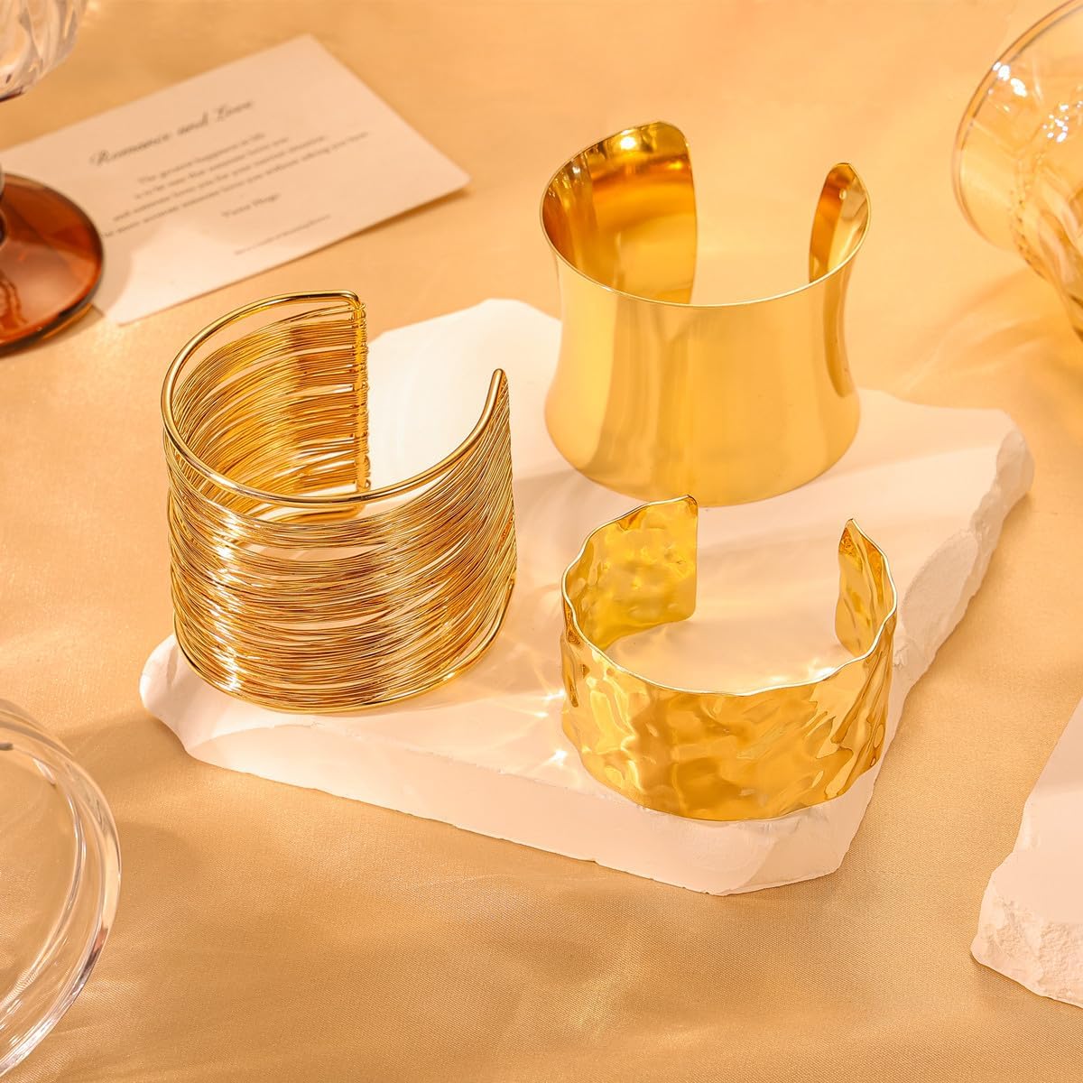 MS 3PCS Gold plated Chunky Cuff Bracelets for Women Irregular Minimalist Statement Bangle Bracelets Set Open Wide Bangle Arm Cuff Upper Arm Punk Jewelry