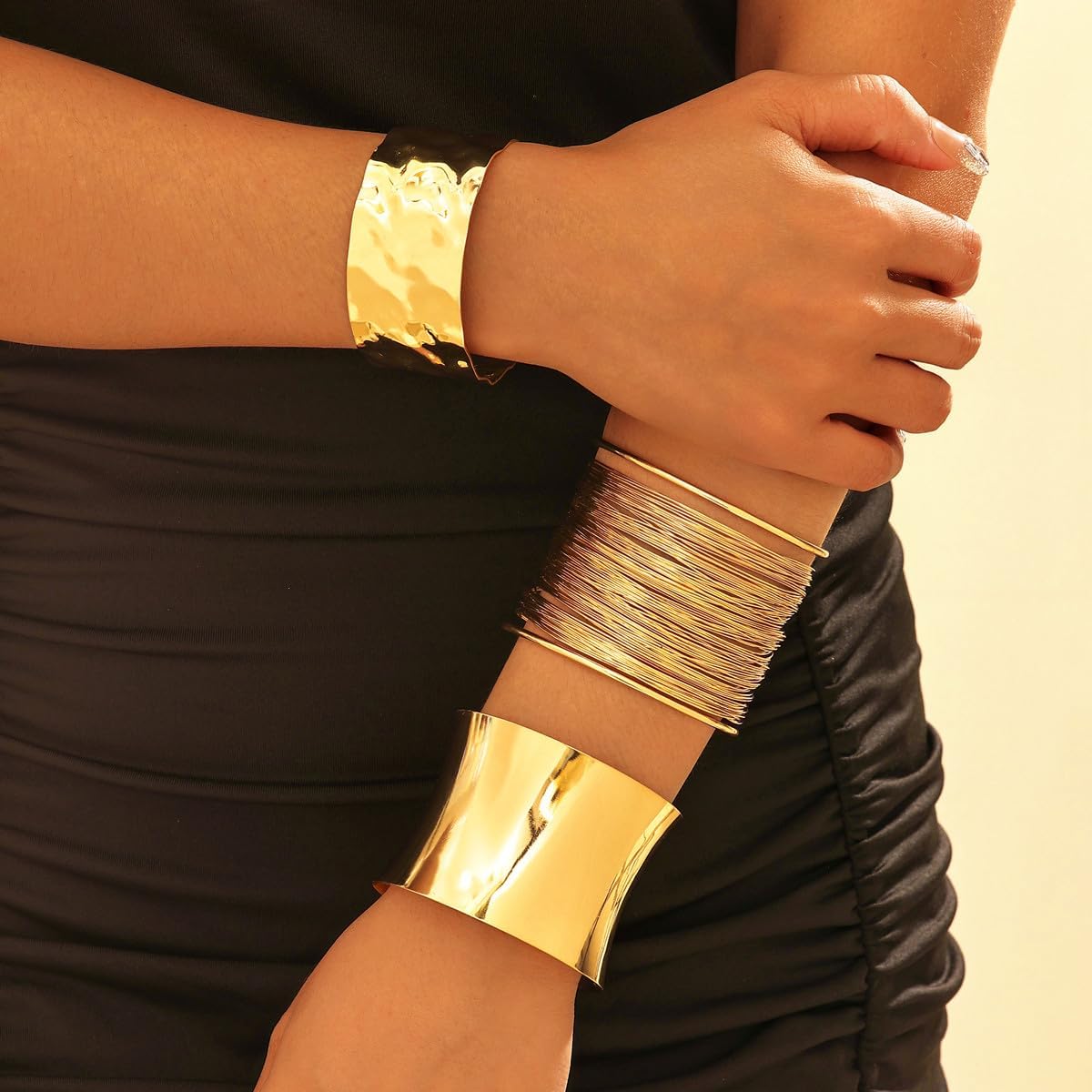 MS 3PCS Gold plated Chunky Cuff Bracelets for Women Irregular Minimalist Statement Bangle Bracelets Set Open Wide Bangle Arm Cuff Upper Arm Punk Jewelry