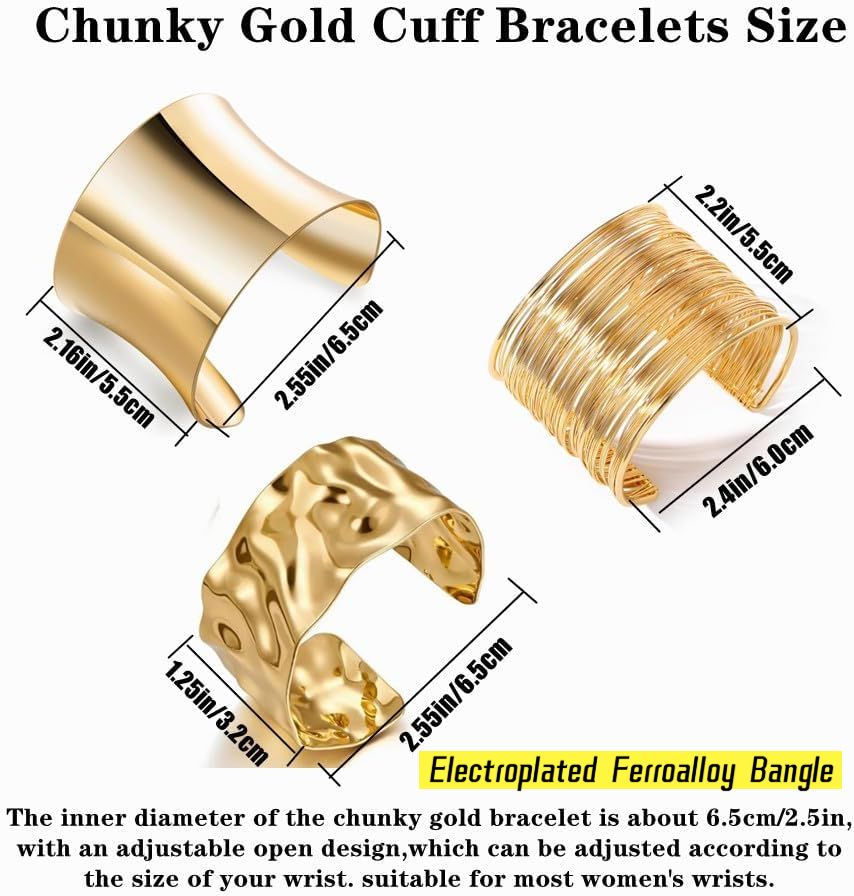 MS 3PCS Gold plated Chunky Cuff Bracelets for Women Irregular Minimalist Statement Bangle Bracelets Set Open Wide Bangle Arm Cuff Upper Arm Punk Jewelry