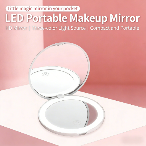 LED Lighted Travel Makeup Mirror,1x/10x Magnification Daylight LED Compact Portable Large 5" Wide Illuminated 3 Color Lighting Travel Mirror Dimmable Lightweight Portable Vanity Mirror Beauty
