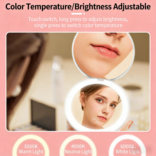 LED Lighted Travel Makeup Mirror,1x/10x Magnification Daylight LED Compact Portable Large 5" Wide Illuminated 3 Color Lighting Travel Mirror Dimmable Lightweight Portable Vanity Mirror Beauty