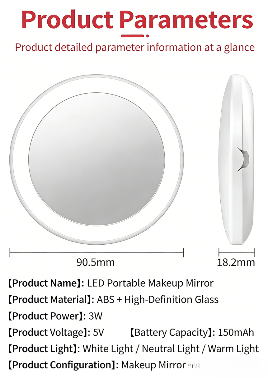 LED Lighted Travel Makeup Mirror,1x/10x Magnification Daylight LED Compact Portable Large 5" Wide Illuminated 3 Color Lighting Travel Mirror Dimmable Lightweight Portable Vanity Mirror Beauty