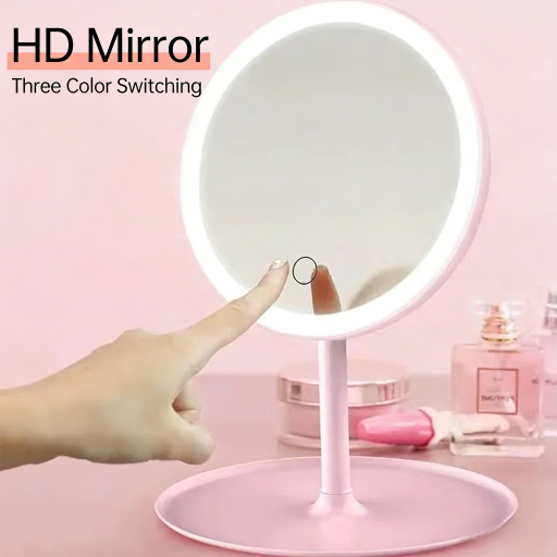 Rechargeable Travel Makeup Mirror 3-Color Adjustable Led Lights,Portable Lighted Beauty Mirror,3 Color Lighting,Dimmable Touch Screen,Tabletop LED Folding Cosmetic Vanity Mirror Round