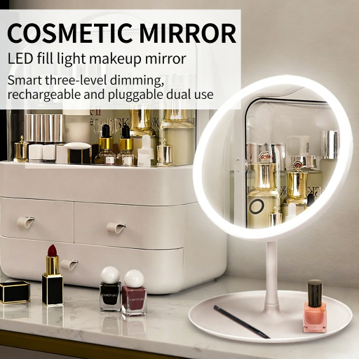 Rechargeable Travel Makeup Mirror 3-Color Adjustable Led Lights,Portable Lighted Beauty Mirror,3 Color Lighting,Dimmable Touch Screen,Tabletop LED Folding Cosmetic Vanity Mirror Round