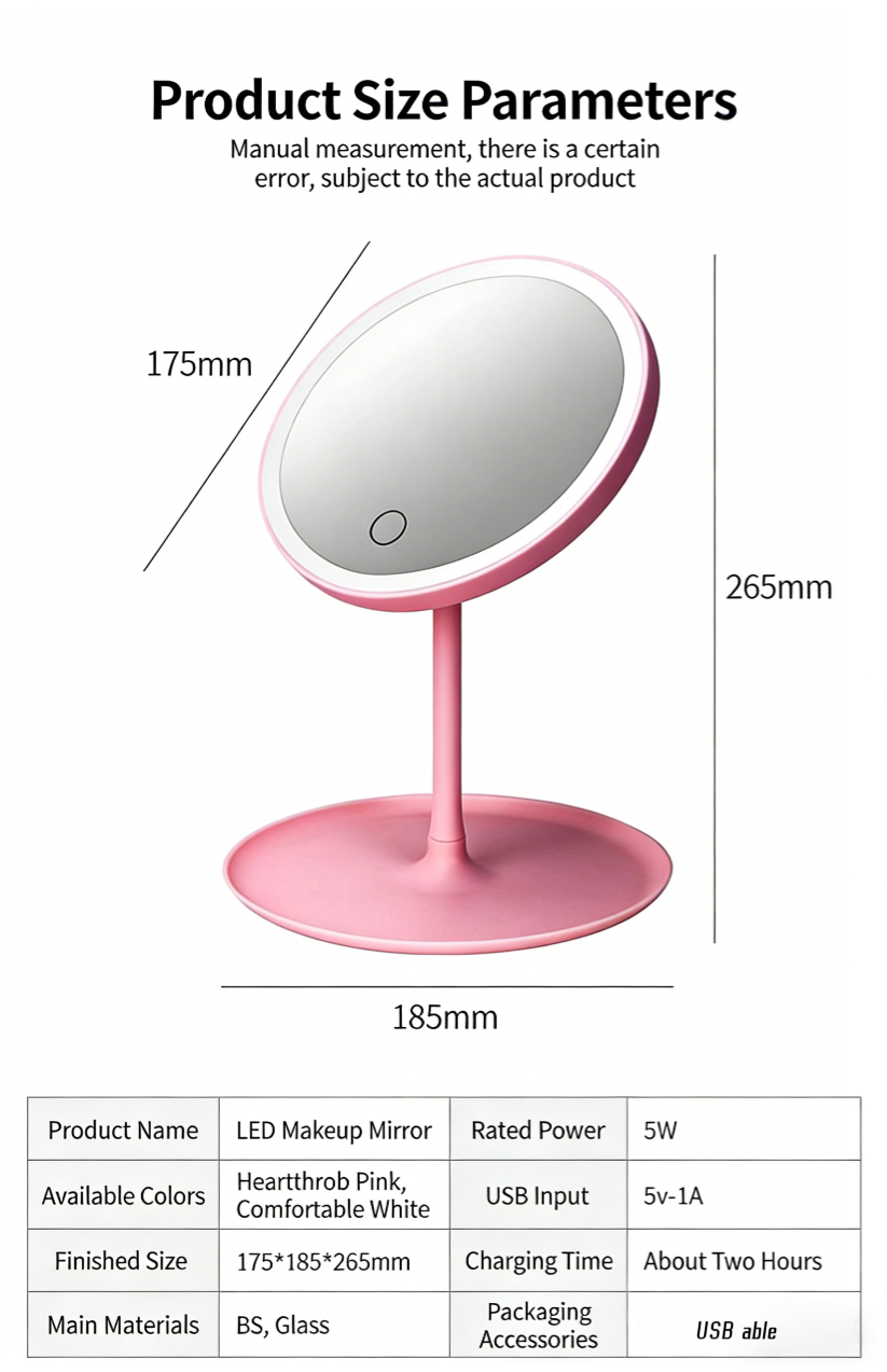 Rechargeable Travel Makeup Mirror 3-Color Adjustable Led Lights,Portable Lighted Beauty Mirror,3 Color Lighting,Dimmable Touch Screen,Tabletop LED Folding Cosmetic Vanity Mirror Round