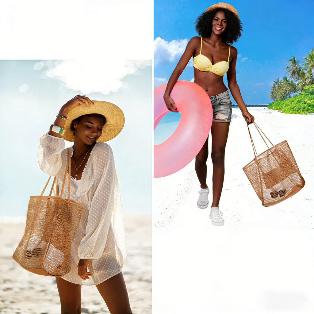 BeachNylon Mesh Tote Bag,Casual Tote Bag Hobo Women Foldable MAX 23L Shoulder Bag For Beach Picnic Vacation, Women's Foldable Mesh Beach Bag,Lightweight Shoulder Handbag for outdoor travel