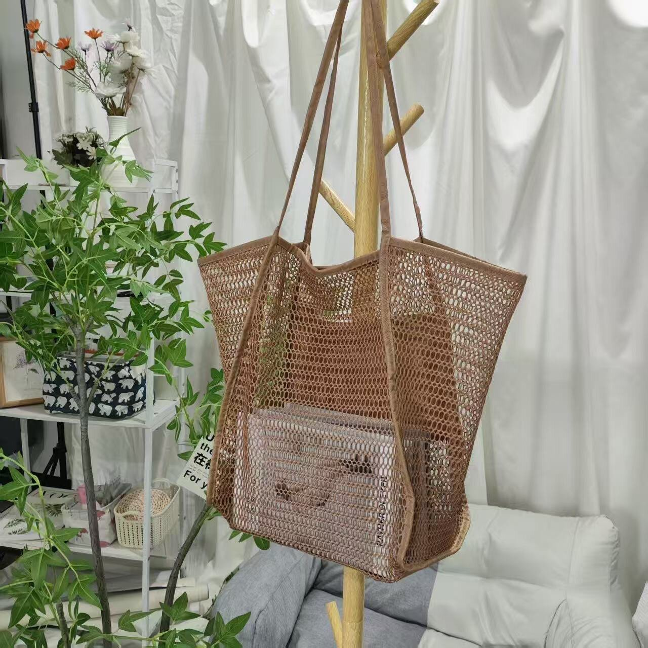 BeachNylon Mesh Tote Bag,Casual Tote Bag Hobo Women Foldable MAX 23L Shoulder Bag For Beach Picnic Vacation, Women's Foldable Mesh Beach Bag,Lightweight Shoulder Handbag for outdoor travel