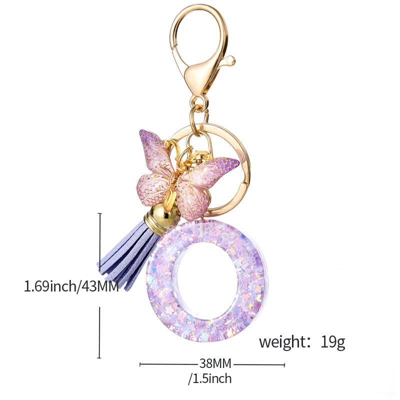 Fashion Alphabet Initial Letter Keychain Tassel Butterfly Pendant Key Ring for Purse Handbags, A-Z Alphabet Resin Keychain with Purple Butterfly & Tassel Pendant, Bag Charm for Women Girl