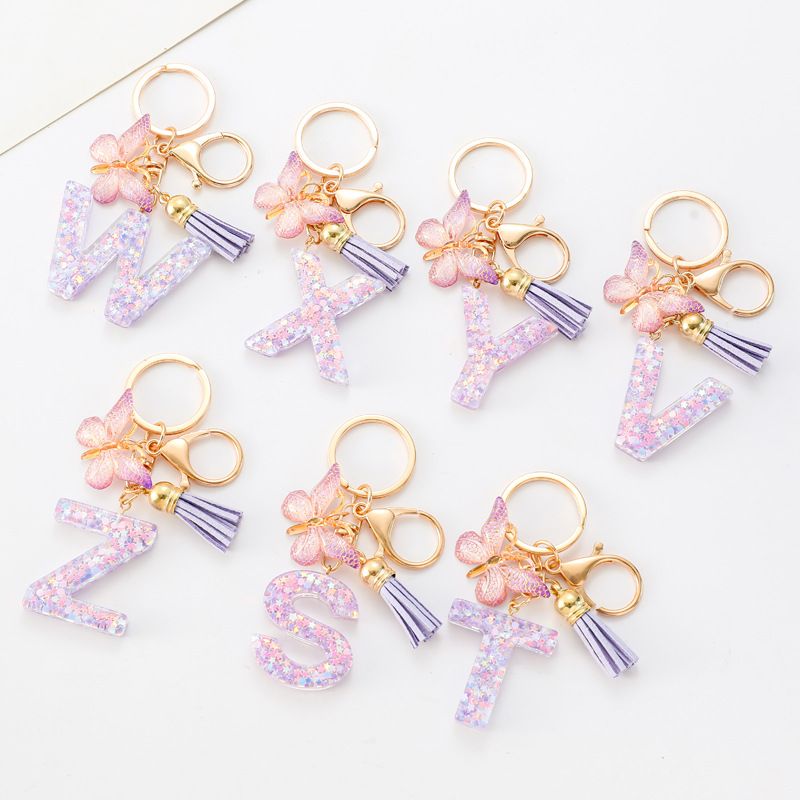 Fashion Alphabet Initial Letter Keychain Tassel Butterfly Pendant Key Ring for Purse Handbags, A-Z Alphabet Resin Keychain with Purple Butterfly & Tassel Pendant, Bag Charm for Women Girl