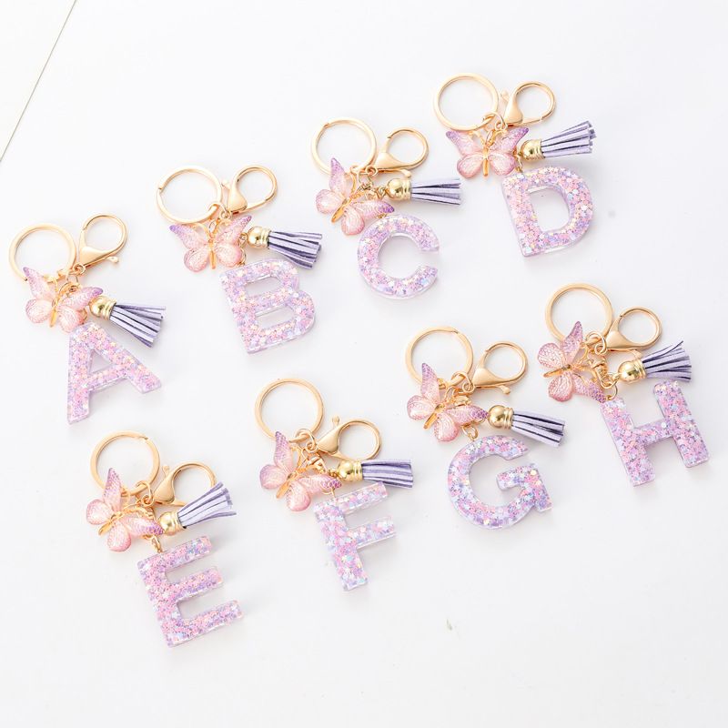 Fashion Alphabet Initial Letter Keychain Tassel Butterfly Pendant Key Ring for Purse Handbags, A-Z Alphabet Resin Keychain with Purple Butterfly & Tassel Pendant, Bag Charm for Women Girl