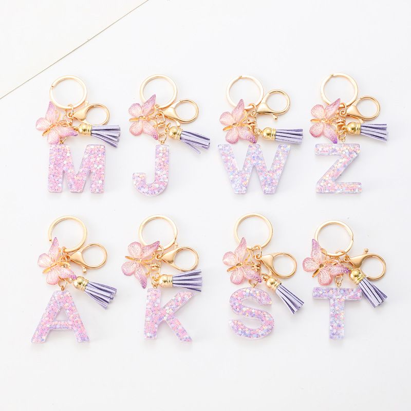 Fashion Alphabet Initial Letter Keychain Tassel Butterfly Pendant Key Ring for Purse Handbags, A-Z Alphabet Resin Keychain with Purple Butterfly & Tassel Pendant, Bag Charm for Women Girl