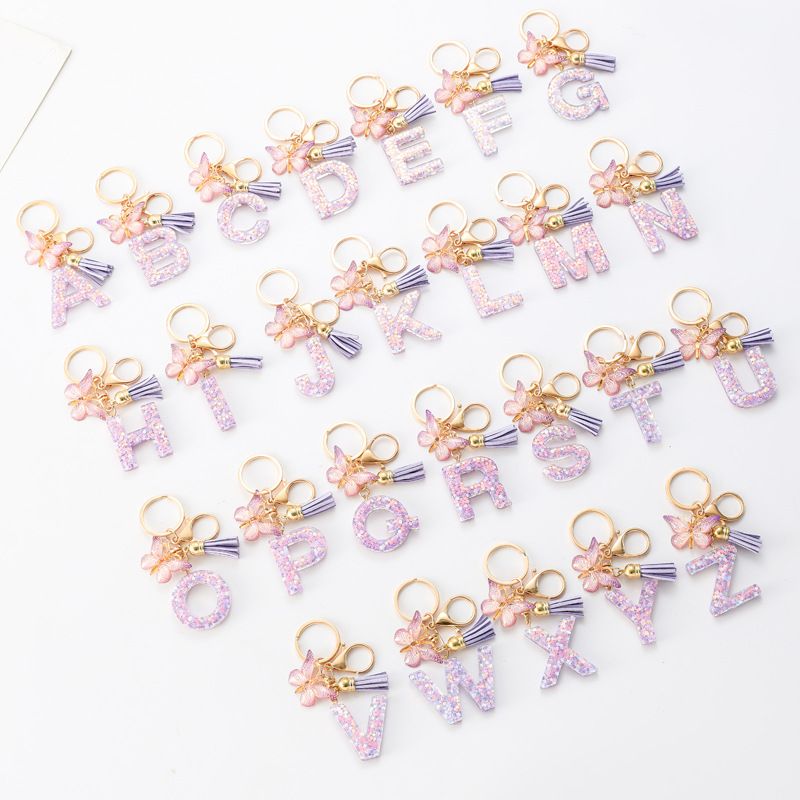 Fashion Alphabet Initial Letter Keychain Tassel Butterfly Pendant Key Ring for Purse Handbags, A-Z Alphabet Resin Keychain with Purple Butterfly & Tassel Pendant, Bag Charm for Women Girl