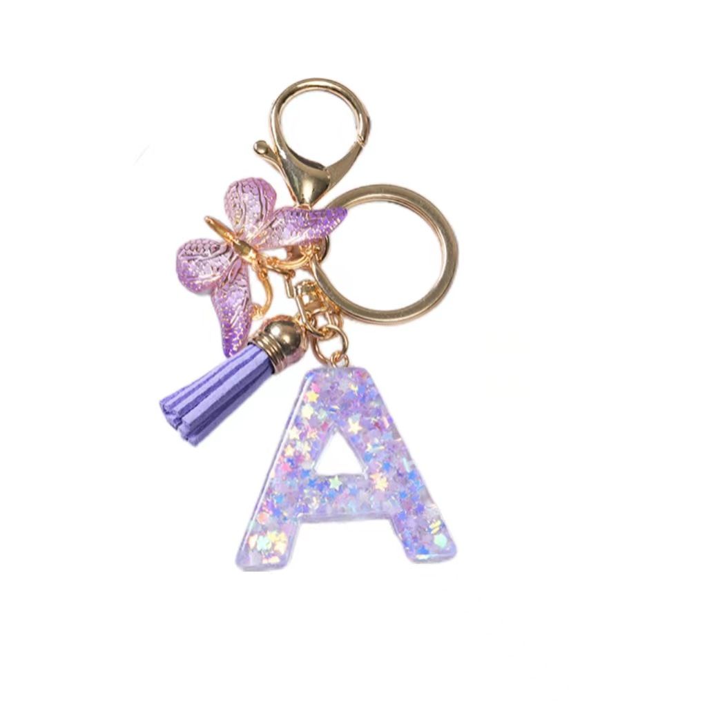 Fashion Alphabet Initial Letter Keychain Tassel Butterfly Pendant Key Ring for Purse Handbags, A-Z Alphabet Resin Keychain with Purple Butterfly & Tassel Pendant, Bag Charm for Women Girl