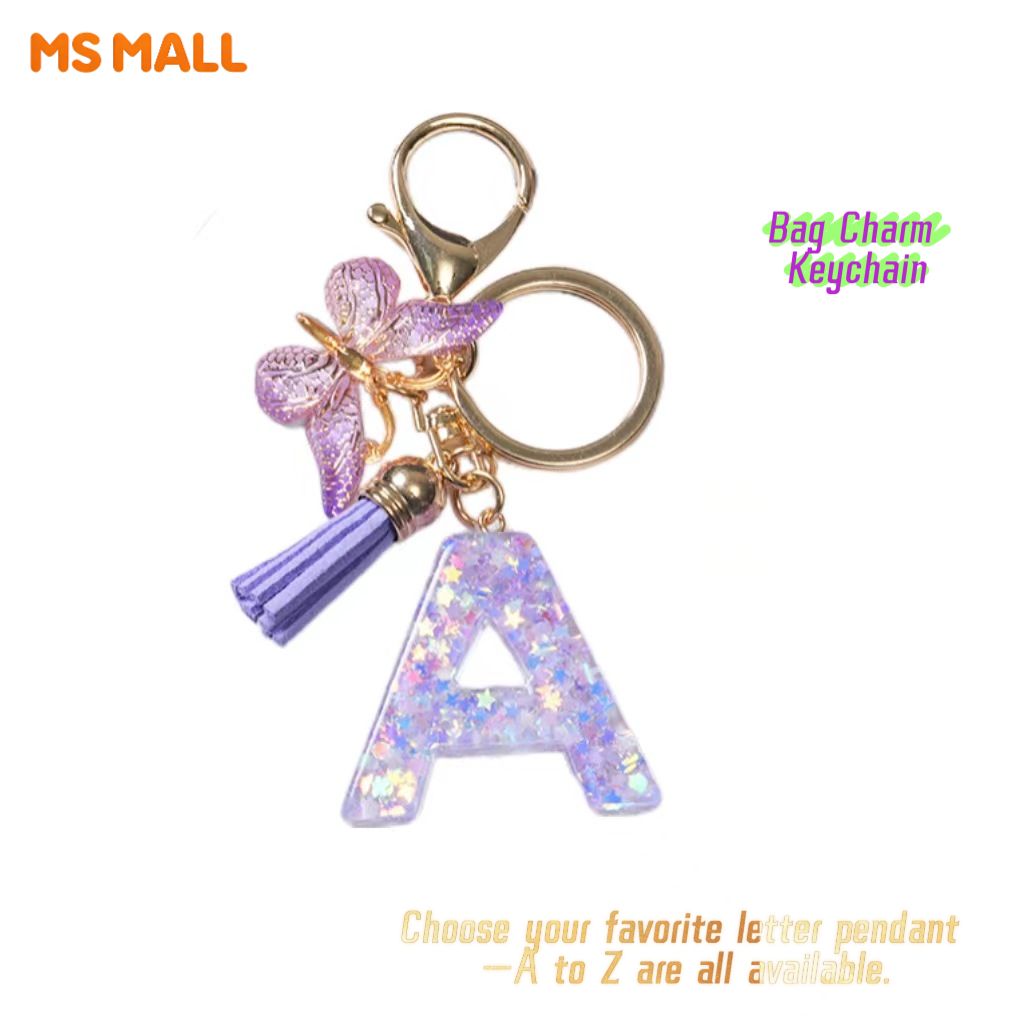 Fashion Alphabet Initial Letter Keychain Tassel Butterfly Pendant Key Ring for Purse Handbags, A-Z Alphabet Resin Keychain with Purple Butterfly & Tassel Pendant, Bag Charm for Women Girl