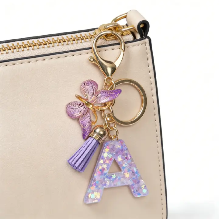 Fashion Alphabet Initial Letter Keychain Tassel Butterfly Pendant Key Ring for Purse Handbags, A-Z Alphabet Resin Keychain with Purple Butterfly & Tassel Pendant, Bag Charm for Women Girl
