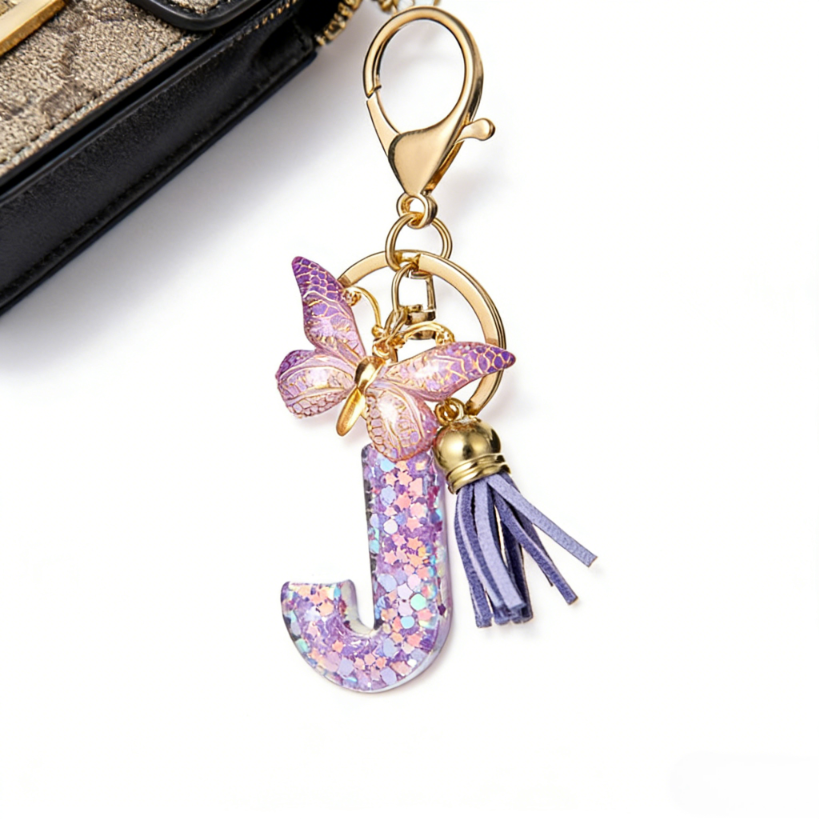 Fashion Alphabet Initial Letter Keychain Tassel Butterfly Pendant Key Ring for Purse Handbags, A-Z Alphabet Resin Keychain with Purple Butterfly & Tassel Pendant, Bag Charm for Women Girl