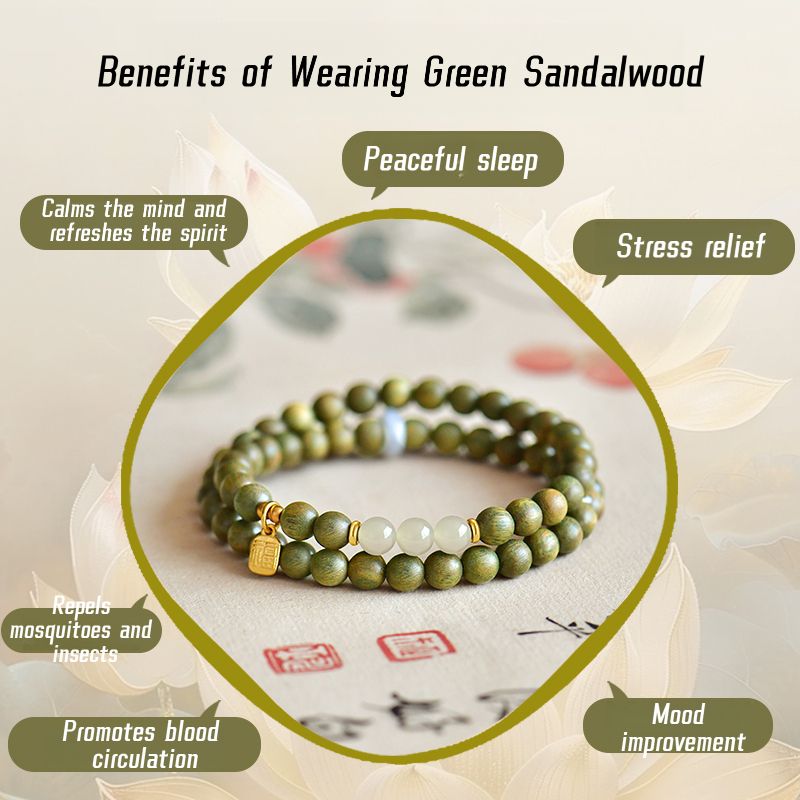 Jade Bracelet -Putuo Mountain Natural Green Sandalwood & Hetian Jade Bracelet for Women • Wooden Wenwan Buddhist Prayer Beads • Aromatic Calming Meditation Mala