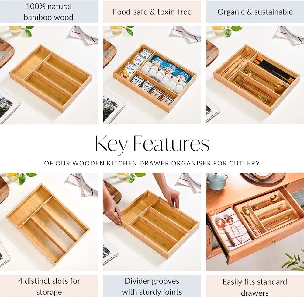 Bamboo Cutlery Organizer,Multi-Purpose Drawer Organizer,Wooden Utensil Organizer ,Silverware Drawer Organizer ,Kitchen Flatware Holder ,Expandable Utensil Tray