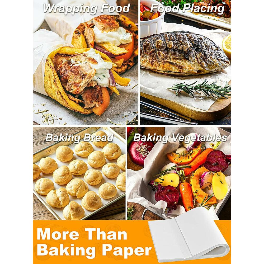 Parchment Paper Sheets, Baking Sheet, Pre-cut, Non-stick Silicone Oil Paper, wood pulp and food grade coating, totally fluorescent free and non-toxic, temperature resistance , Pre-Cut Parchment Paper