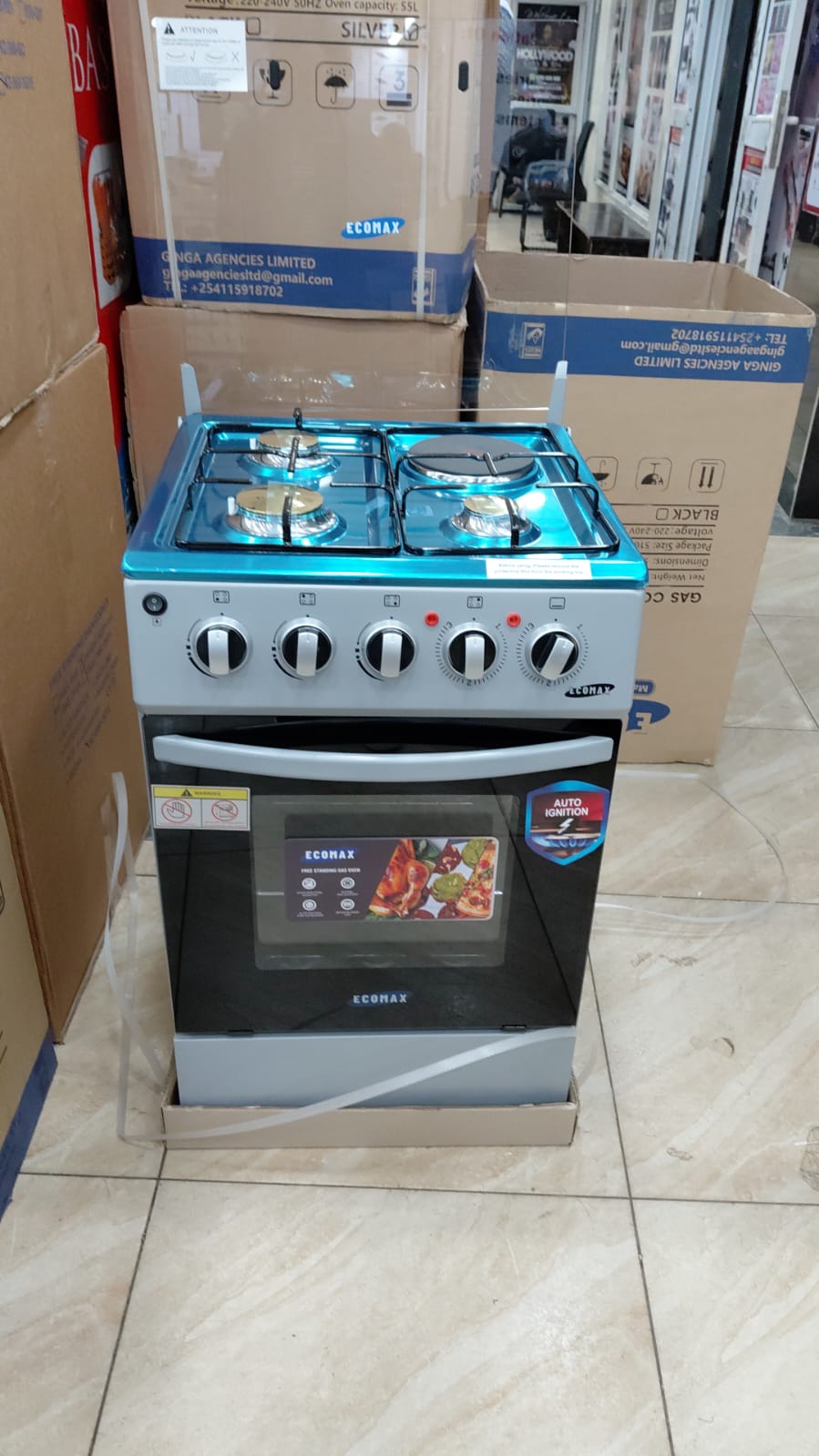 “Ecomax 3 Gas + 1 Electric Cooker 50×55 – Pulse Ignition, Timer & Glass‑Door Oven”