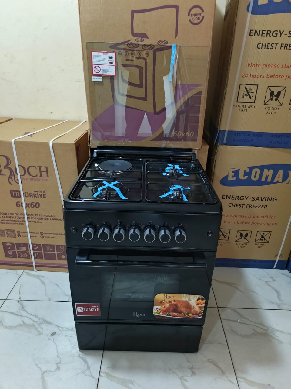 "ROCH 60x60 Freestanding Kitchen Cooker – 3 Gas, 1 Electric Burner for Versatile Cooking"