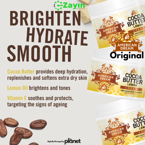 American Dream Lemon Body Cream

Cocoa Butter with Lemon Oil & Vitamin E
Skin Brightening Moisturizer
500ml Lemon Cream for Body

Fade Dark Spots & Nourish Skin
American Dream Skin Toning Lotion