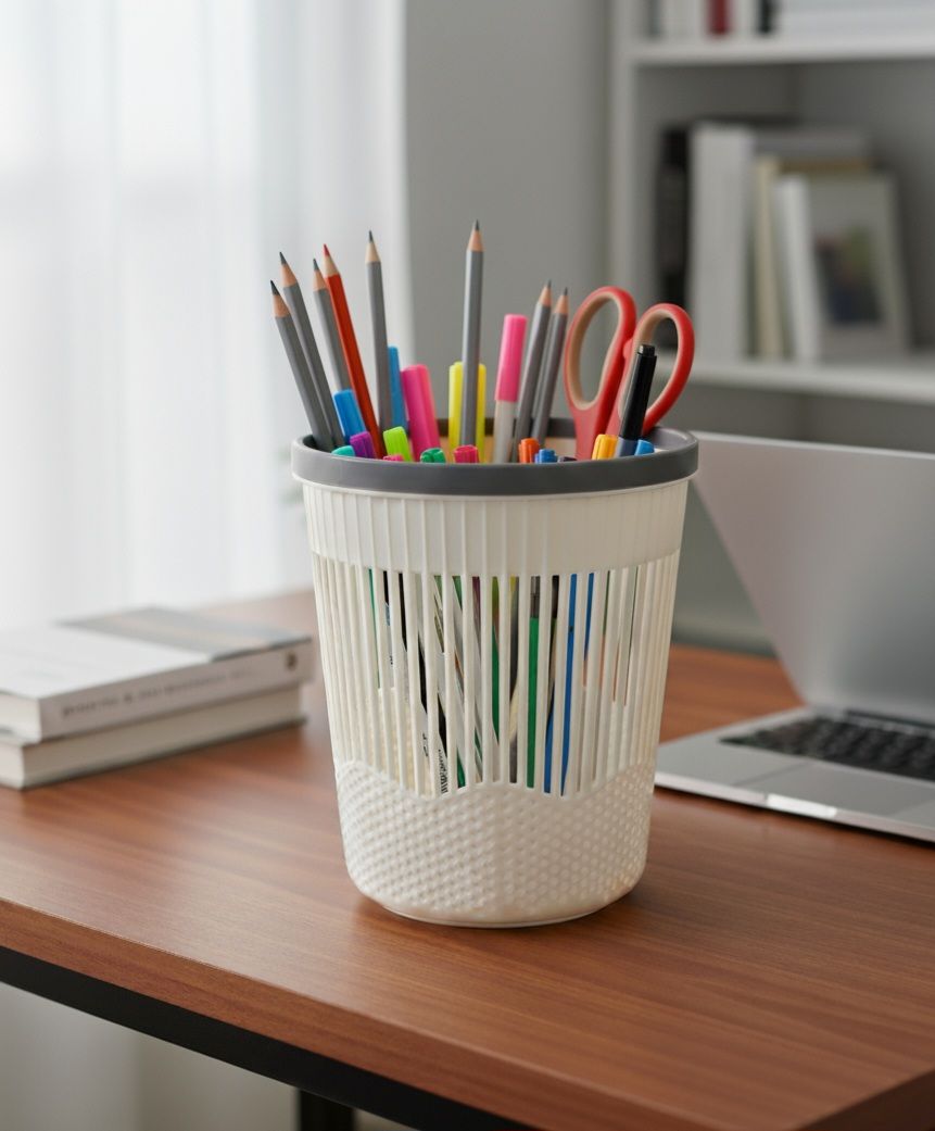 ​Stylish and Versatile Desk/Office Pen Holder & Stationery Organizer with a Woven Basket Look with Dark Gray Rim that Keeps Pens, Highlighters, and Supplies Tidy with Clear Visibility for Quick Access
