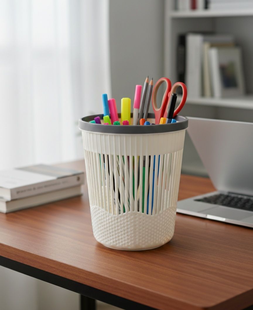 ​Stylish and Versatile Desk/Office Pen Holder & Stationery Organizer with a Woven Basket Look with Dark Gray Rim that Keeps Pens, Highlighters, and Supplies Tidy with Clear Visibility for Quick Access