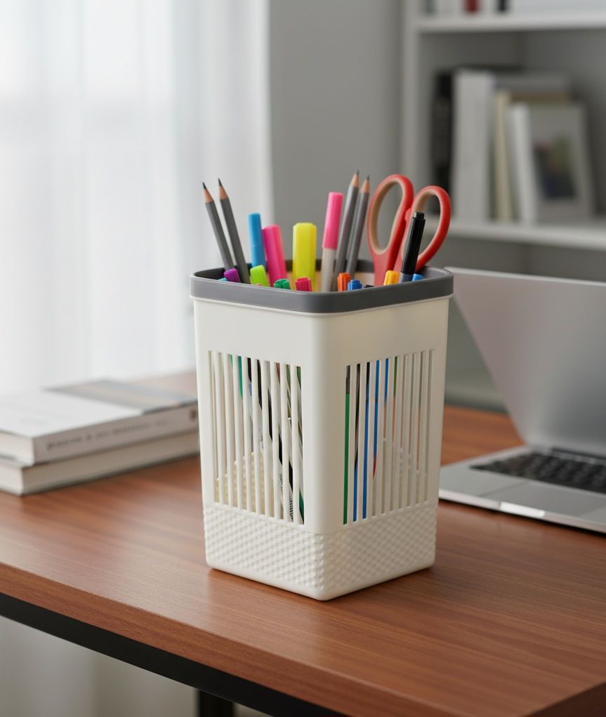 ​Stylish and Versatile Desk/Office Pen Holder & Stationery Organizer with a Woven Basket Look with Dark Gray Rim that Keeps Pens, Highlighters, and Supplies Tidy with Clear Visibility for Quick Access