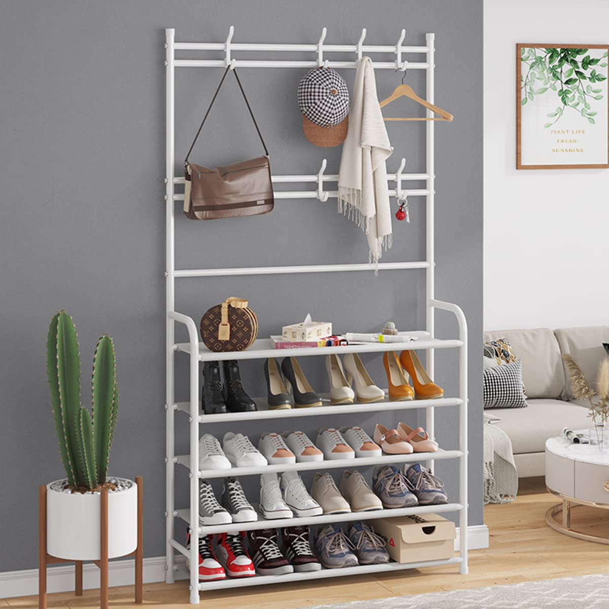 Simple Assemble Entryway Shoe Rack with Coat Rack  5 Tier Shoe Stand Organizer for Bedroom Living room Bathroom Dorm Floor Coat and Hat Rack