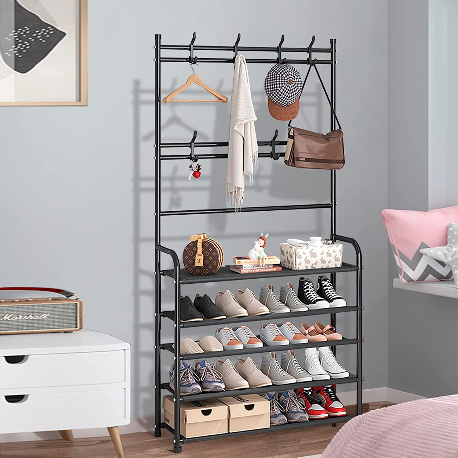 Simple Assemble Entryway Shoe Rack with Coat Rack  5 Tier Shoe Stand Organizer for Bedroom Living room Bathroom Dorm Floor Coat and Hat Rack
