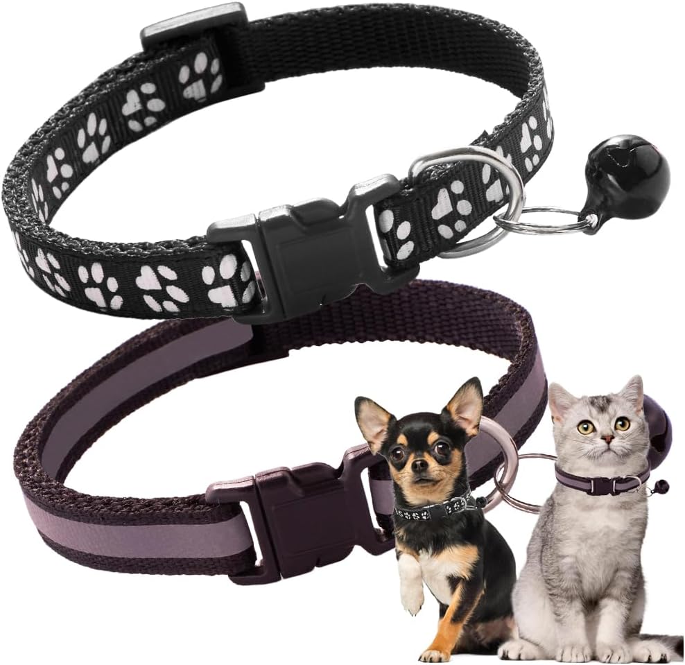 【Promotion】Cat Collar with Bell, 2-Pack Basic & Reflective XS Dog Cat Collar with Bells for XXS Xs Small Pet Dogs Boy Tiny Kitten Girls Animal,Neck 7-12 Inch