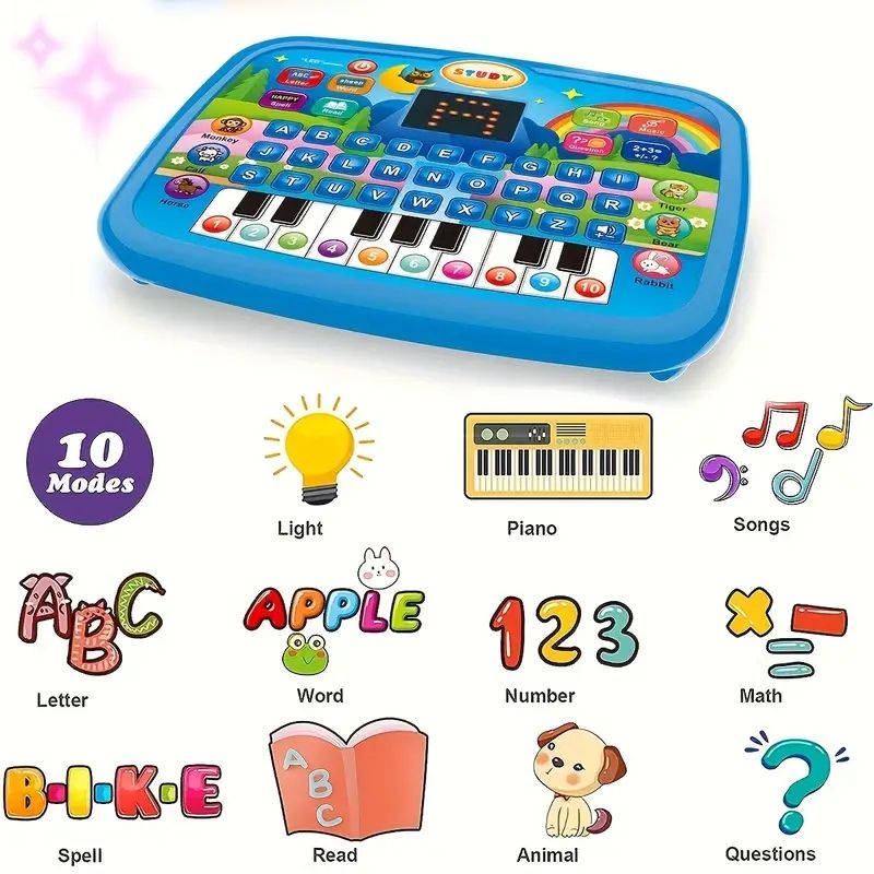 【Promotion】Kids Multifunctional Tablet Learning Machine with Alphabet, Numbers, Music, Animals & Piano Keys, Educational Toy for Ages 3+, Durable Plastic, Battery Operated (Batteries Not Included)