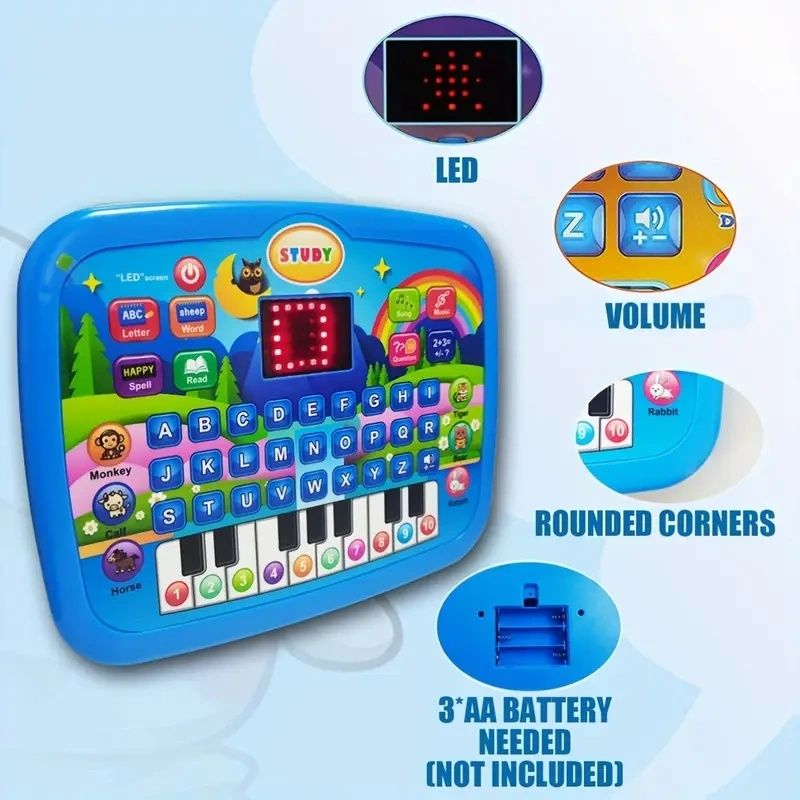 【Promotion】Kids Multifunctional Tablet Learning Machine with Alphabet, Numbers, Music, Animals & Piano Keys, Educational Toy for Ages 3+, Durable Plastic, Battery Operated (Batteries Not Included)