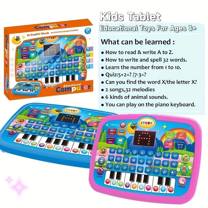 【Promotion】Kids Multifunctional Tablet Learning Machine with Alphabet, Numbers, Music, Animals & Piano Keys, Educational Toy for Ages 3+, Durable Plastic, Battery Operated (Batteries Not Included)