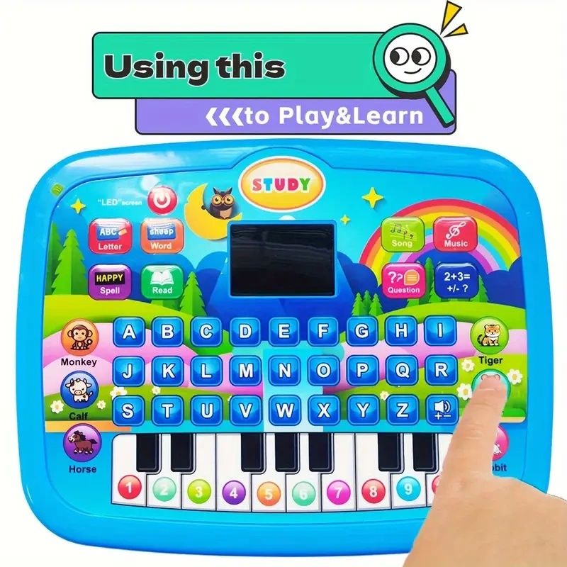 【Promotion】Kids Multifunctional Tablet Learning Machine with Alphabet, Numbers, Music, Animals & Piano Keys, Educational Toy for Ages 3+, Durable Plastic, Battery Operated (Batteries Not Included)