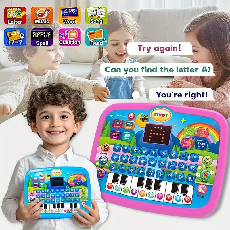 【Promotion】Kids Multifunctional Tablet Learning Machine with Alphabet, Numbers, Music, Animals & Piano Keys, Educational Toy for Ages 3+, Durable Plastic, Battery Operated (Batteries Not Included)