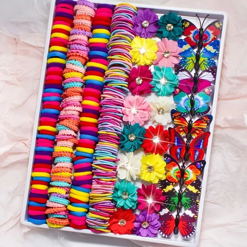 【Promotion】231pcs/set of colorful hair accessories, including flower hair ornaments inlaid with sparkling Rhinestones, butterfly hair clips for realistic styling and super colorful hair rings