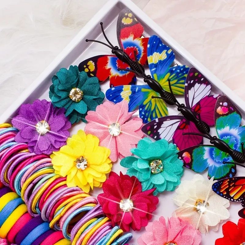 【Promotion】231pcs/set of colorful hair accessories, including flower hair ornaments inlaid with sparkling Rhinestones, butterfly hair clips for realistic styling and super colorful hair rings