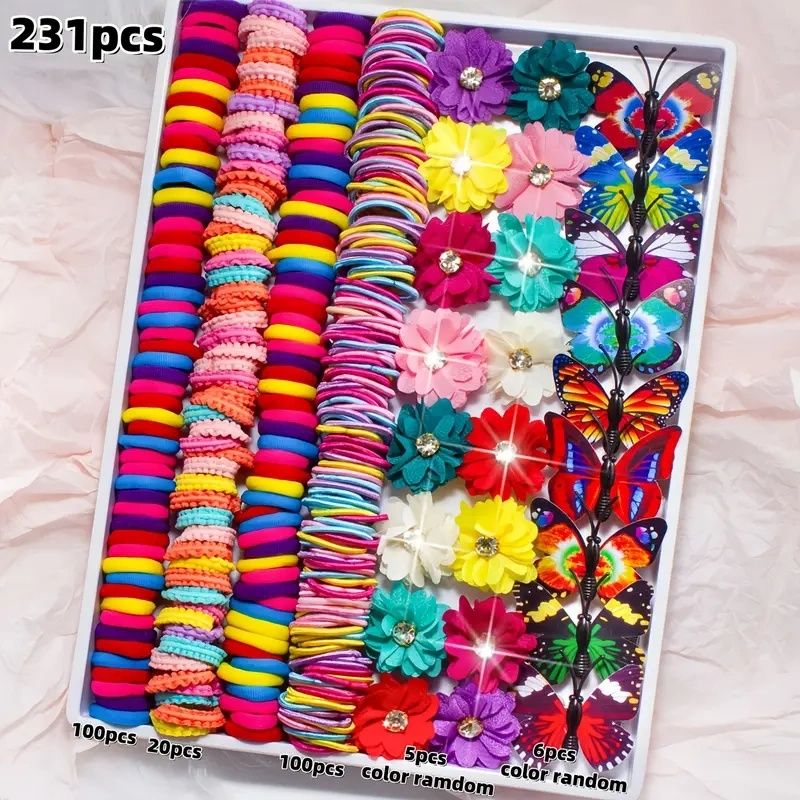 【Promotion】231pcs/set of colorful hair accessories, including flower hair ornaments inlaid with sparkling Rhinestones, butterfly hair clips for realistic styling and super colorful hair rings