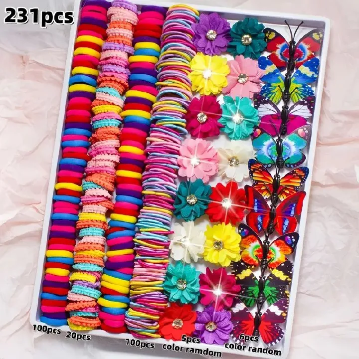 【Promotion】231pcs/set of colorful hair accessories, including flower hair ornaments inlaid with sparkling Rhinestones, butterfly hair clips for realistic styling and super colorful hair rings