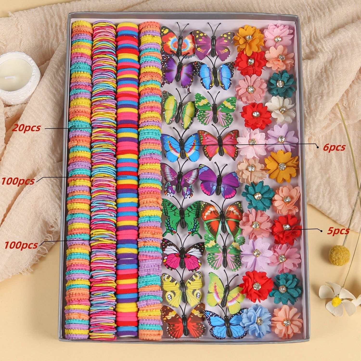 【Promotion】231pcs/set of colorful hair accessories, including flower hair ornaments inlaid with sparkling Rhinestones, butterfly hair clips for realistic styling and super colorful hair rings