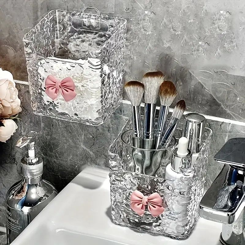 Acrylic Hanging Storage Bins Set, Luxurious Embossed Pattern, Multi-Use Bathroom & Kitchen Organizer, Toothbrush Toothpaste Holder, Makeup Basket, Wall-Mounted Or Tabletop Accessory, Plastic