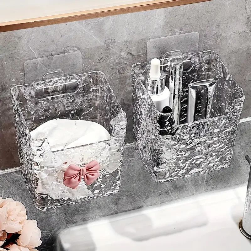 Acrylic Hanging Storage Bins Set, Luxurious Embossed Pattern, Multi-Use Bathroom & Kitchen Organizer, Toothbrush Toothpaste Holder, Makeup Basket, Wall-Mounted Or Tabletop Accessory, Plastic