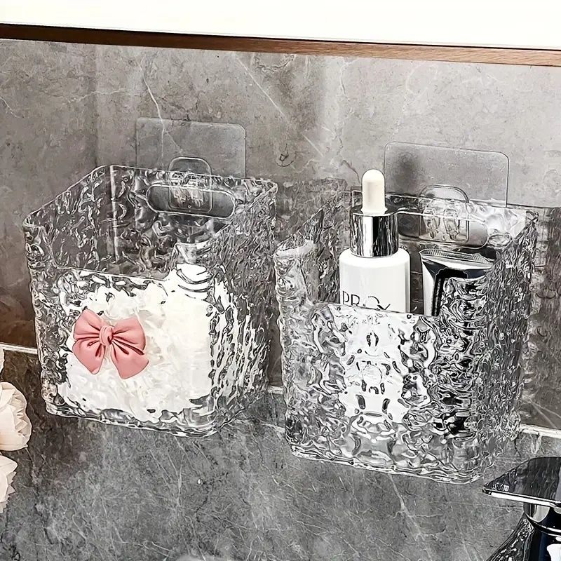 Acrylic Hanging Storage Bins Set, Luxurious Embossed Pattern, Multi-Use Bathroom & Kitchen Organizer, Toothbrush Toothpaste Holder, Makeup Basket, Wall-Mounted Or Tabletop Accessory, Plastic