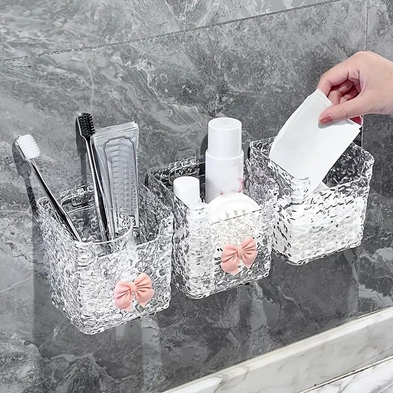 Acrylic Hanging Storage Bins Set, Luxurious Embossed Pattern, Multi-Use Bathroom & Kitchen Organizer, Toothbrush Toothpaste Holder, Makeup Basket, Wall-Mounted Or Tabletop Accessory, Plastic