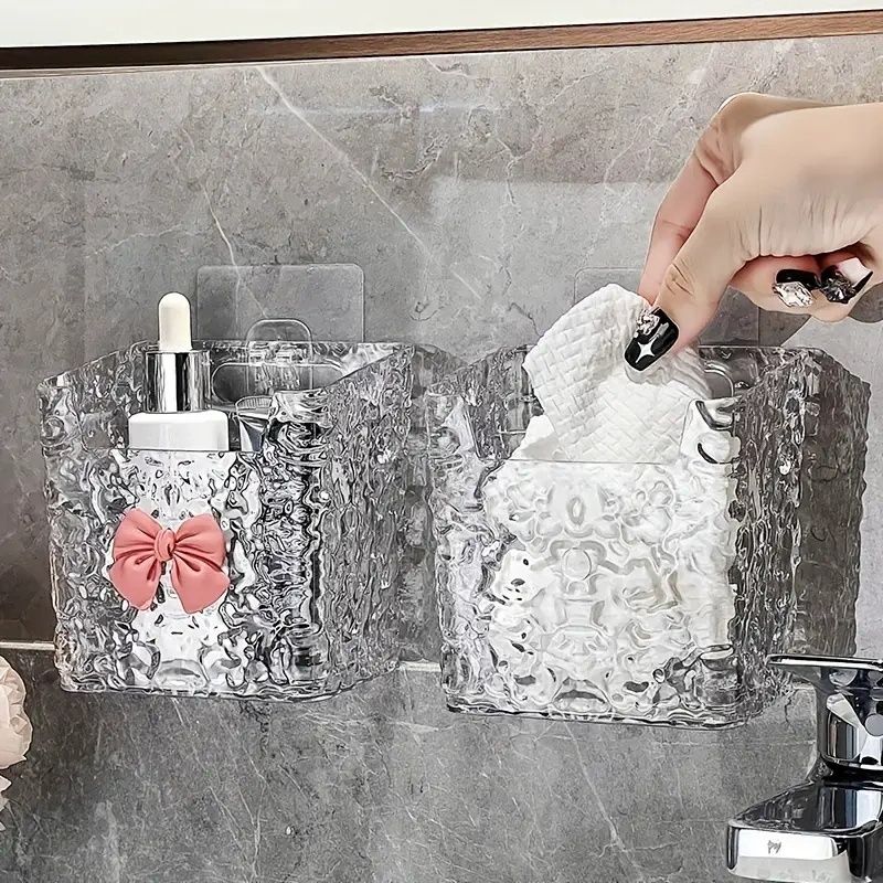 Acrylic Hanging Storage Bins Set, Luxurious Embossed Pattern, Multi-Use Bathroom & Kitchen Organizer, Toothbrush Toothpaste Holder, Makeup Basket, Wall-Mounted Or Tabletop Accessory, Plastic