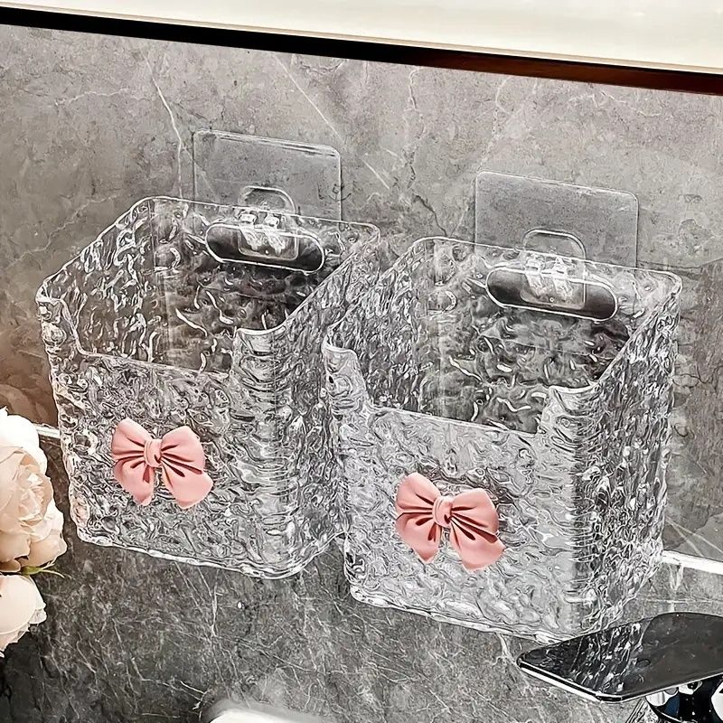 Acrylic Hanging Storage Bins Set, Luxurious Embossed Pattern, Multi-Use Bathroom & Kitchen Organizer, Toothbrush Toothpaste Holder, Makeup Basket, Wall-Mounted Or Tabletop Accessory, Plastic