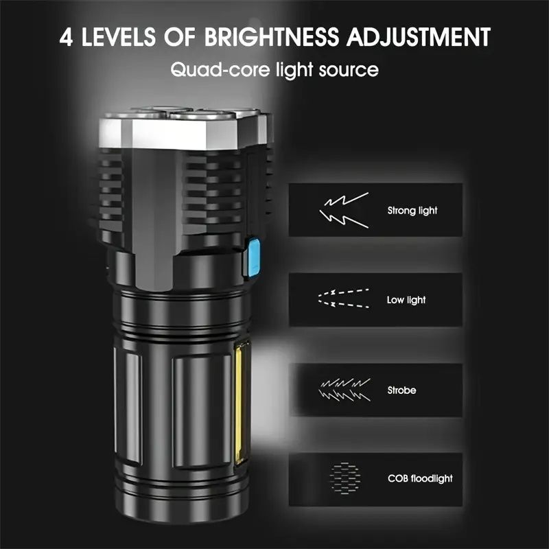 USB Rechargeable LED Flashlight with 4 Modes & COB Side Light - Powerful, Portable Torch for Outdoor Camping