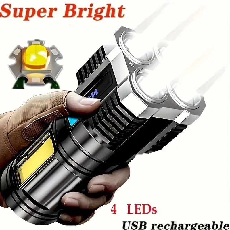 USB Rechargeable LED Flashlight with 4 Modes & COB Side Light - Powerful, Portable Torch for Outdoor Camping
